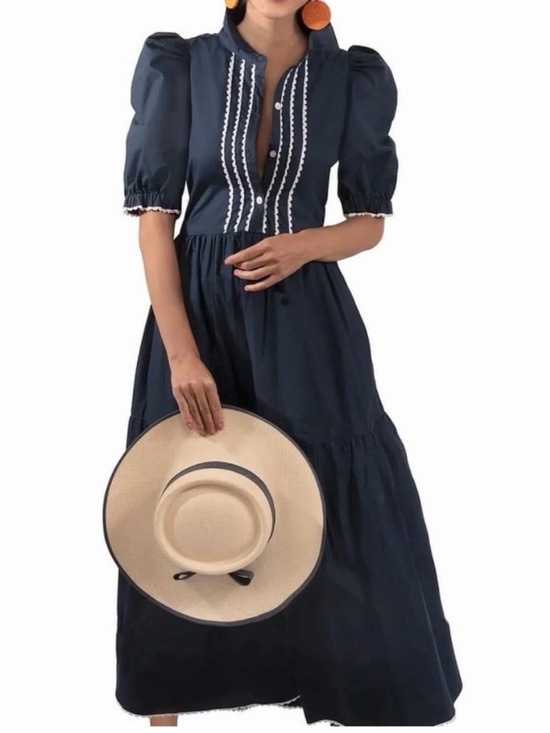 Gretchen Scott Designs Dresses & Skirts - Gretchen Scott Designs Navy Tiered Maxi Dress with Ric Rac White Trim